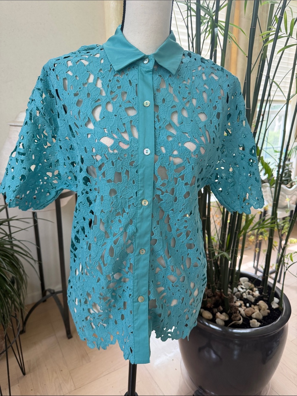 Turquoise Crochet Lace Button-Down Shirt with Short Sleeves